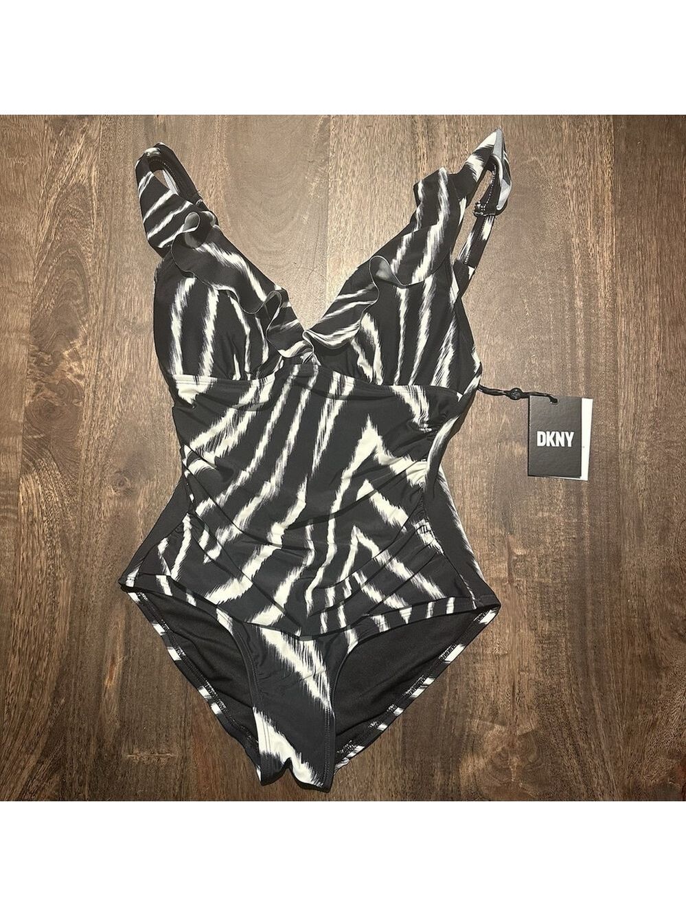 DKNY One Piece Ruffled Ruched Bathing Suit Zebra Print Padded Swimsuit Size 6